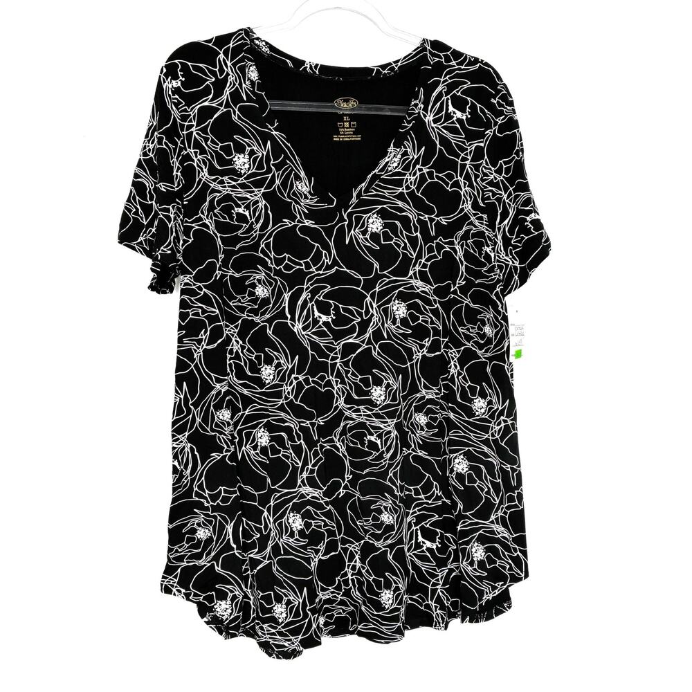 Blue Sky Clothing Co. Black White Floral Short Sleeve Top Bamboo Womens XL